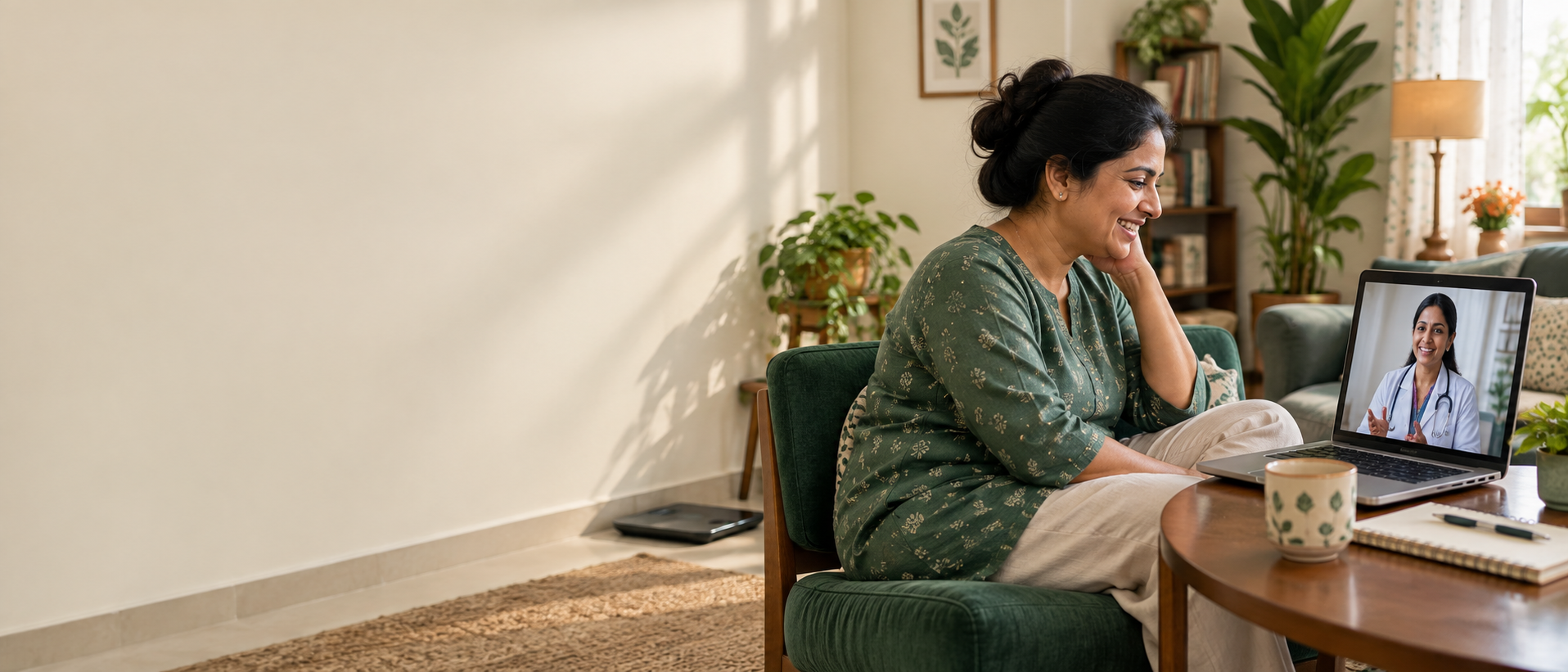 A patient speaking with a Zyra doctor by video from home